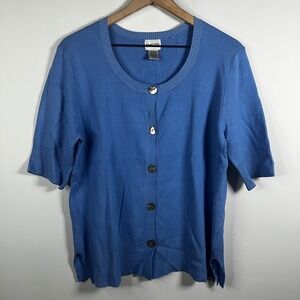 Vintage 90s Chico's Sweater Women 2 Blue Silk Blend Short Sleeve Knit Cardigan